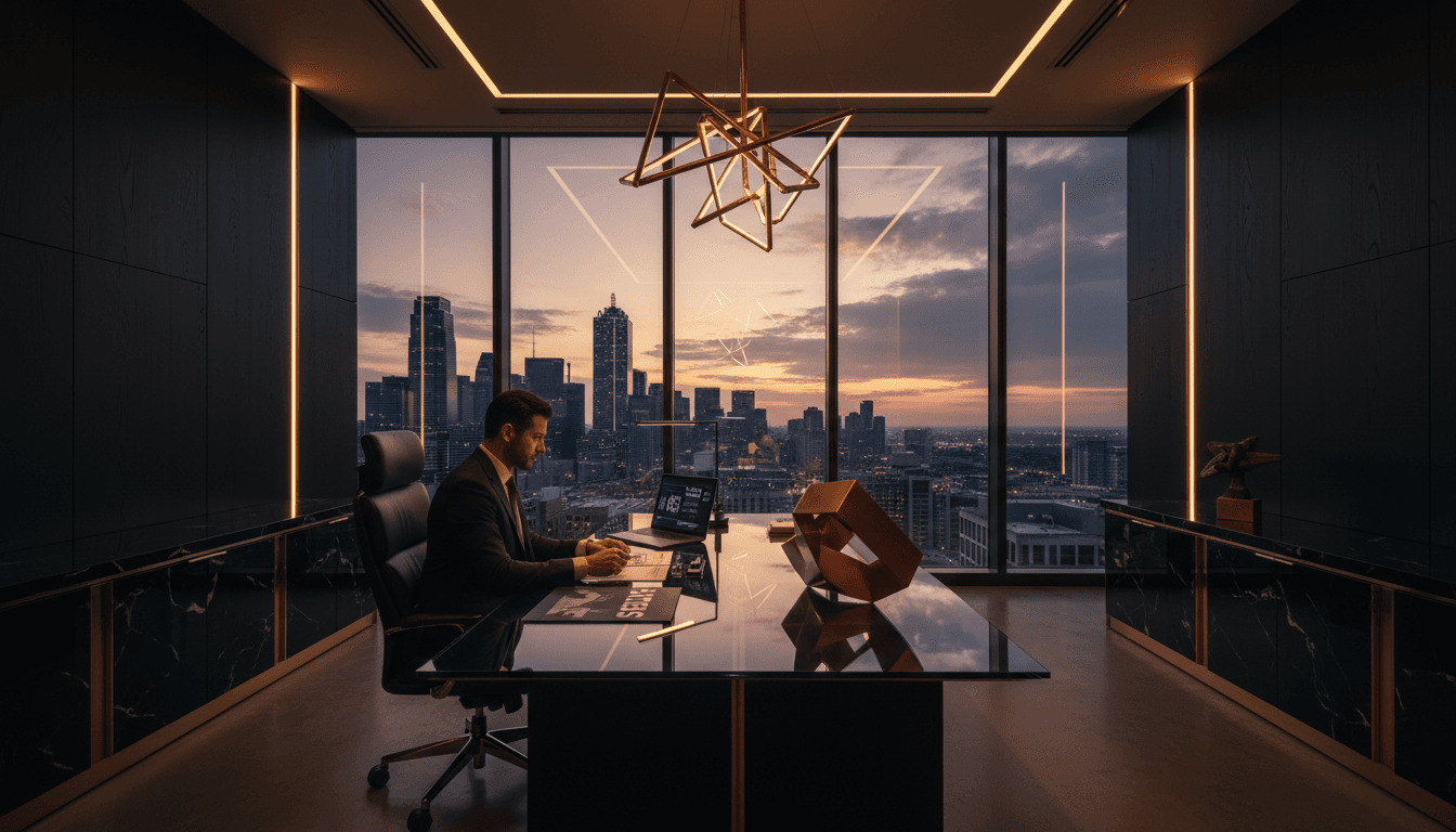 Executive in modern Dallas office reviewing strategy documents with city skyline at dusk