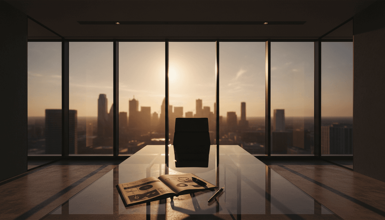 Modern boardroom with Dallas skyline view during golden hour