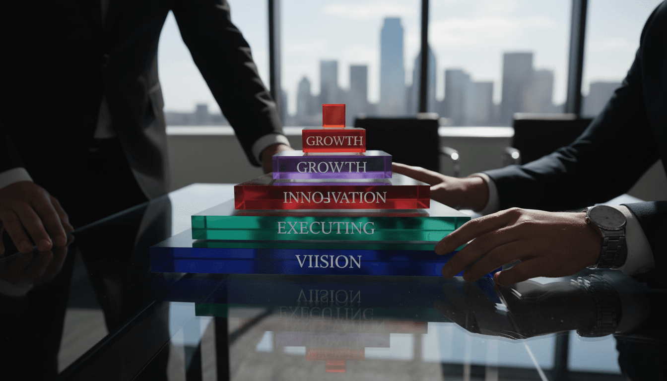 Stacked transparent layers on desk representing layered strategy approach