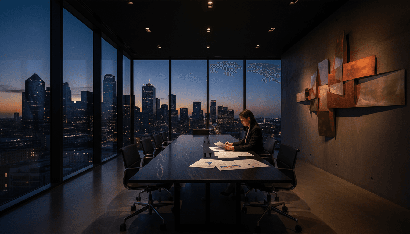 Business leader reviewing growth strategy in a modern Dallas office overlooking the city