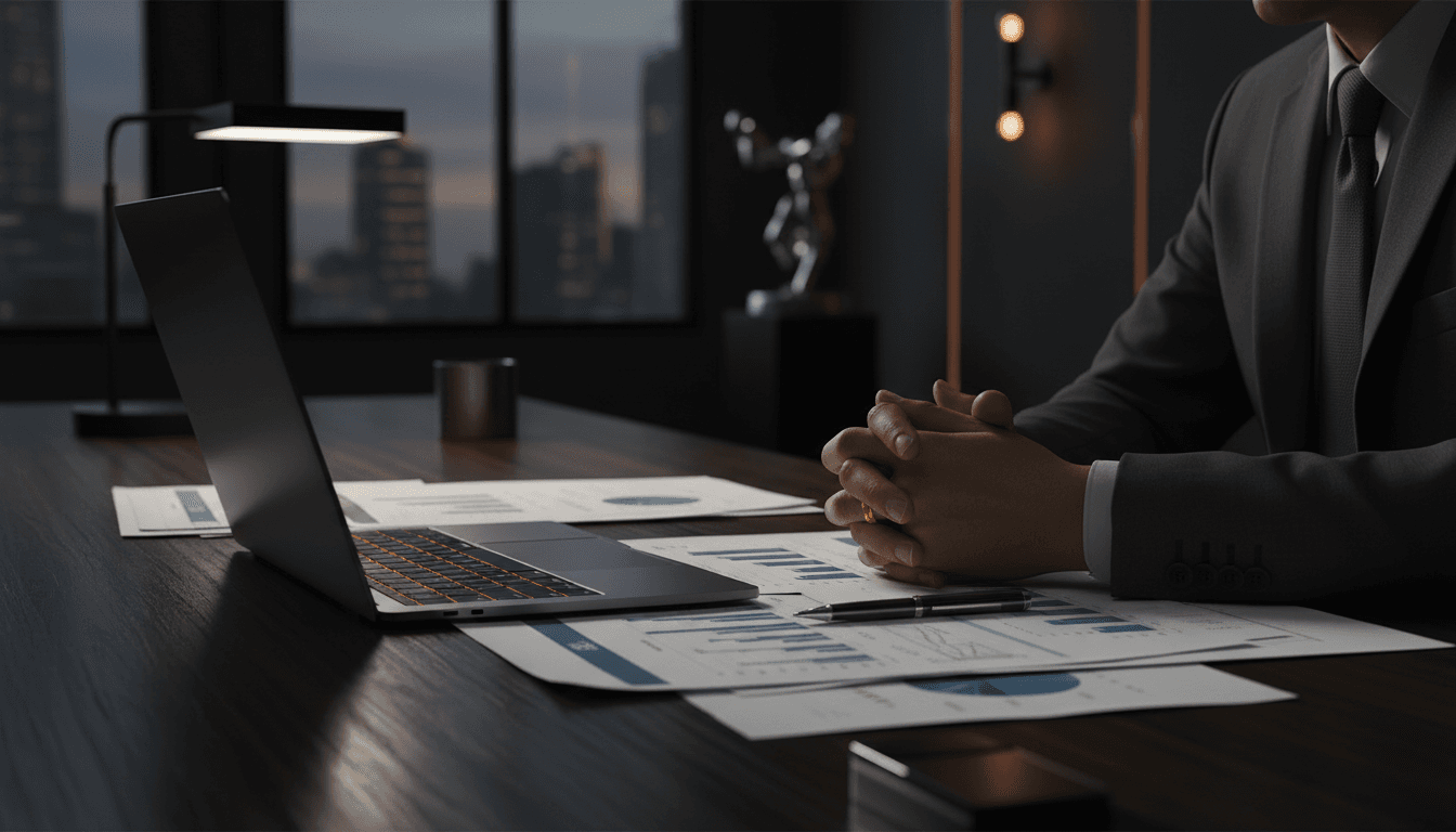 Strategic hands on layered documents and laptop at dark desk