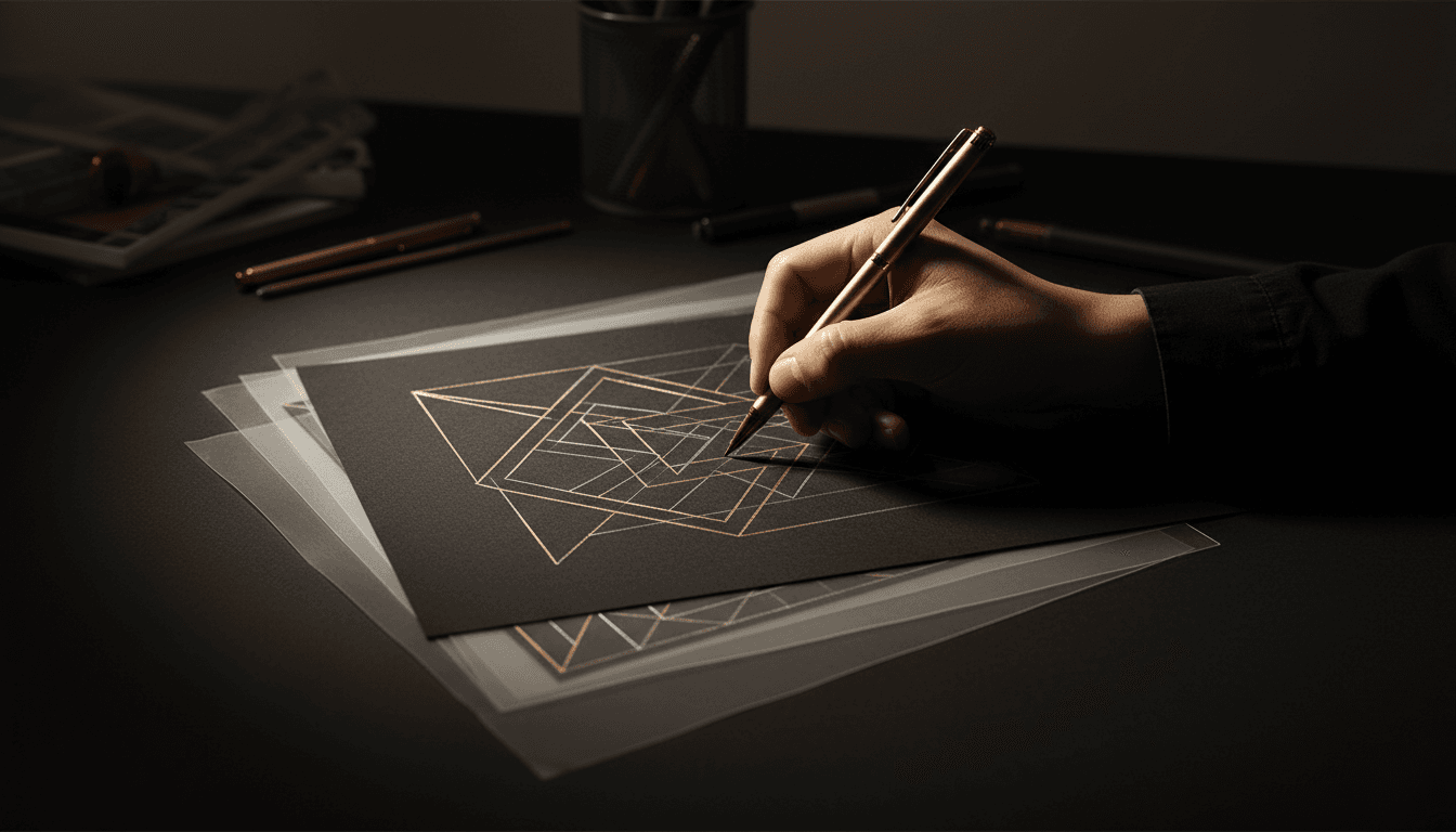 Hand sketching layered geometric patterns with metallic pen on dark paper